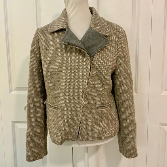 Talbots Grey Tan Moto Wool Blend Collared Jacket Size 12 - Picture 1 of 10